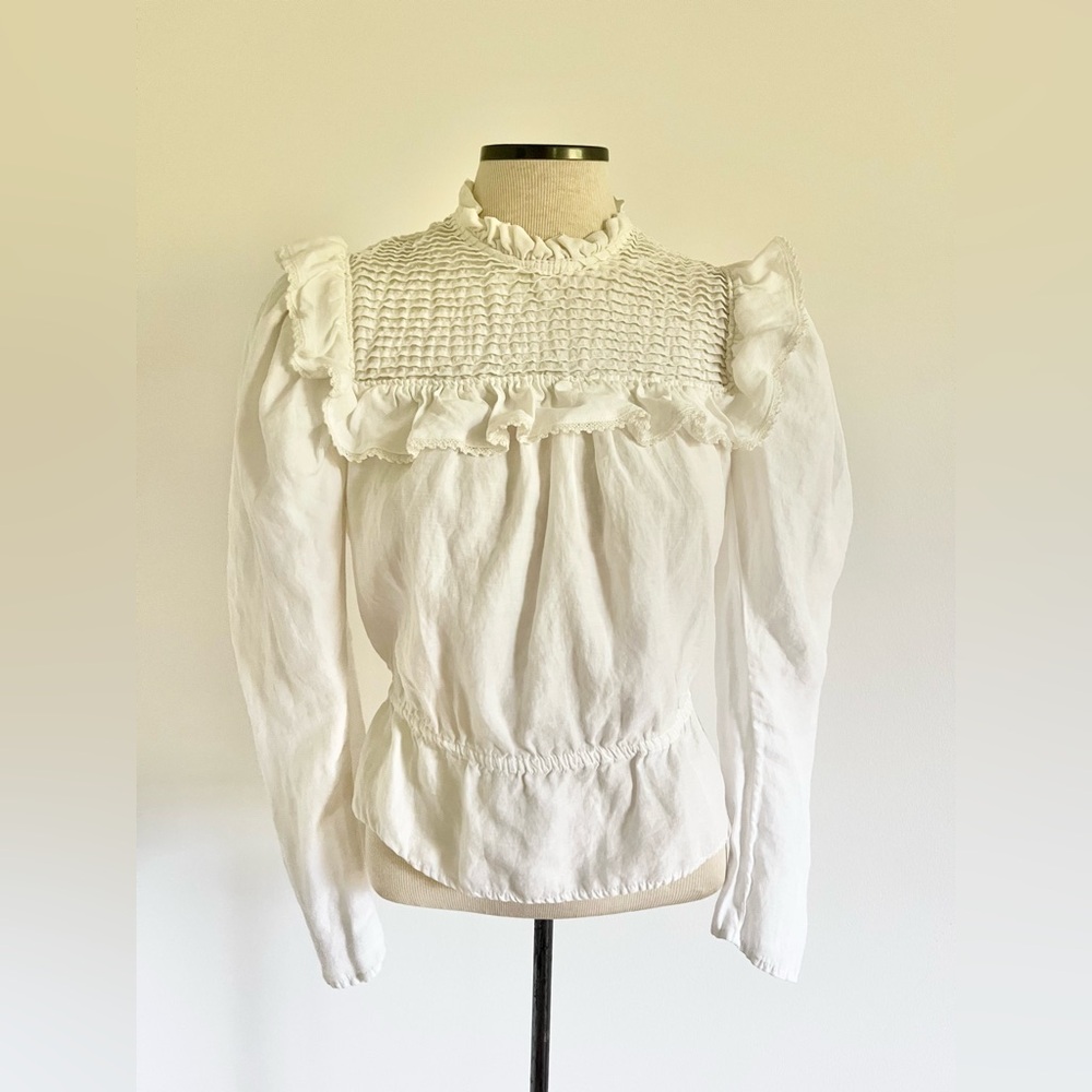MNG White Linen Smocked Blouse Puff Sleeve Ruffle Neck Vintage-Inspired Crop Top - Picture 2 of 8